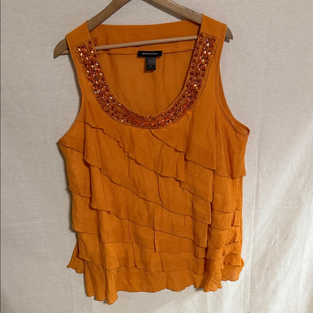 Ashley Stewart Orange Layered Blouse with Gems around Neckline GUC Size 20